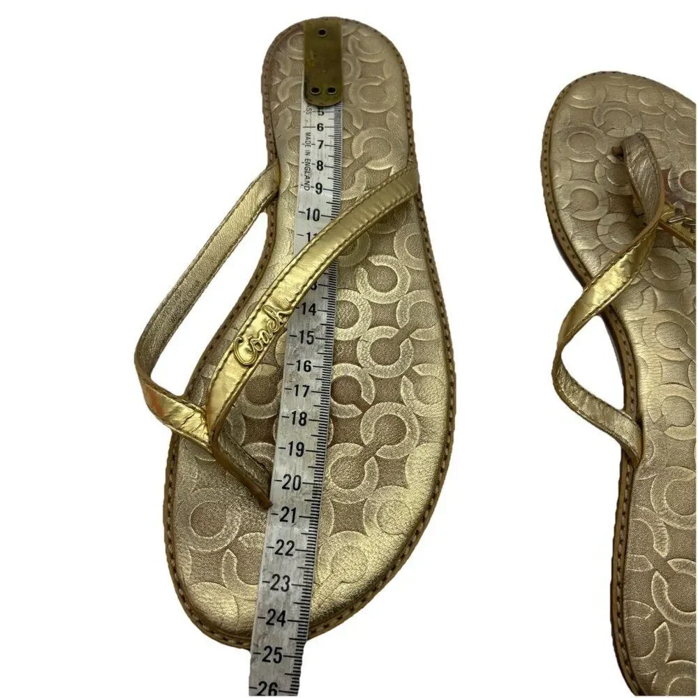 Coach Sandals Flip Flop Thong Women’s Size 8 B Gold Signature Monogram Print